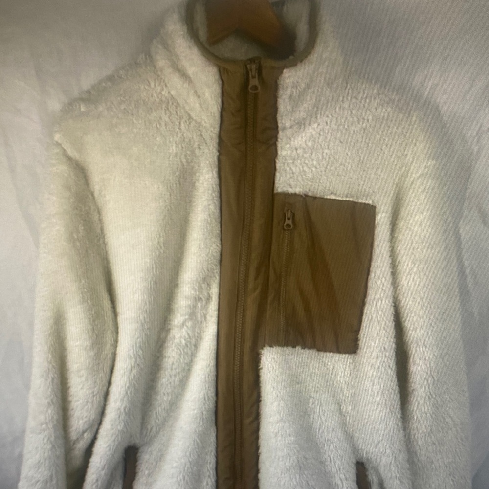 Lands' End Cream Sherpa Zip Jacket with Brown Trim